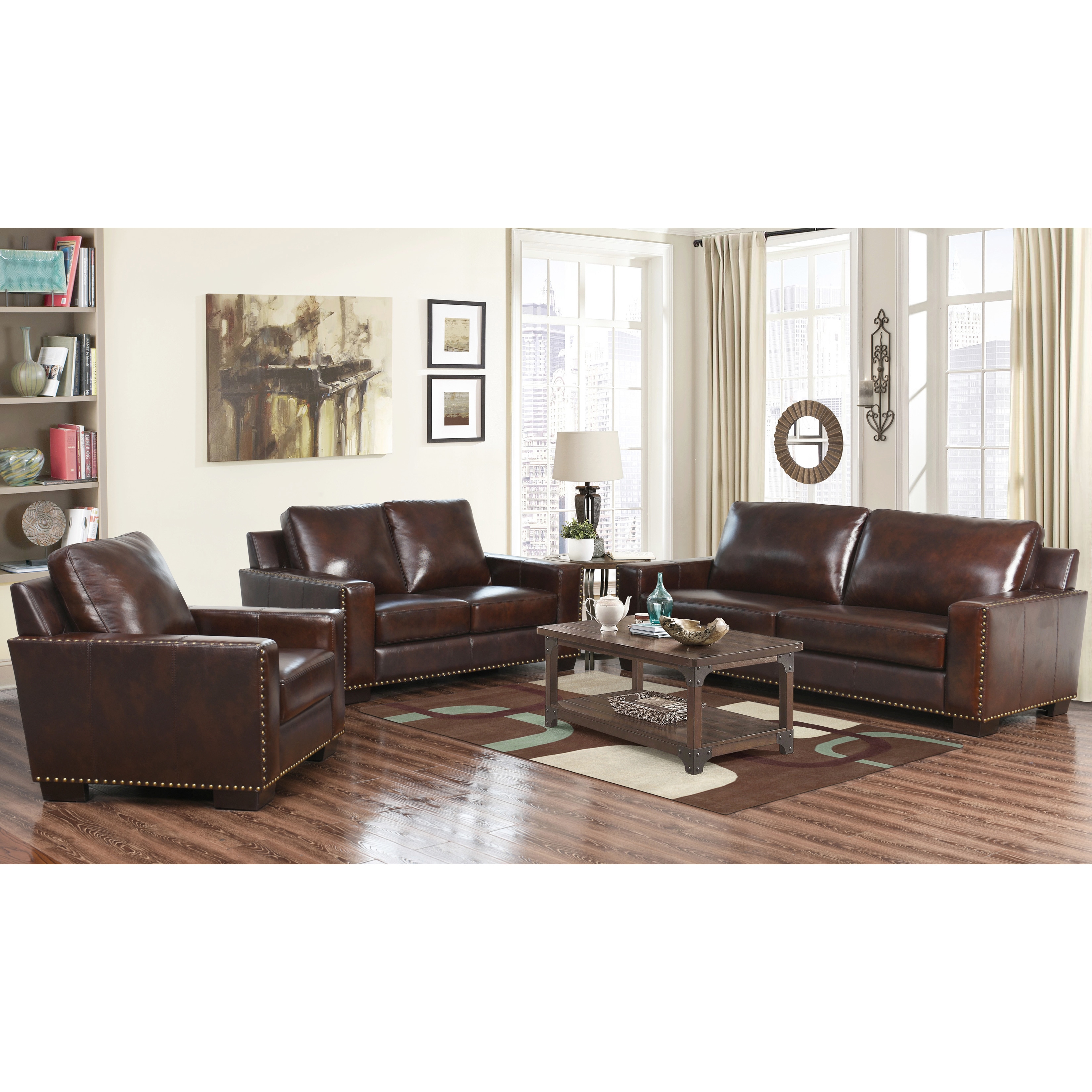 Abbyson Living Barrington 3 Piece Hand Rubbed Leather Sofa Loveseat And Armchair (Espresso brownLeather match used on sides and backKiln Dried hardwood framesHigh resiliency 2.2  density foam cushioning for added comfort and supportHand stitched detailsBr