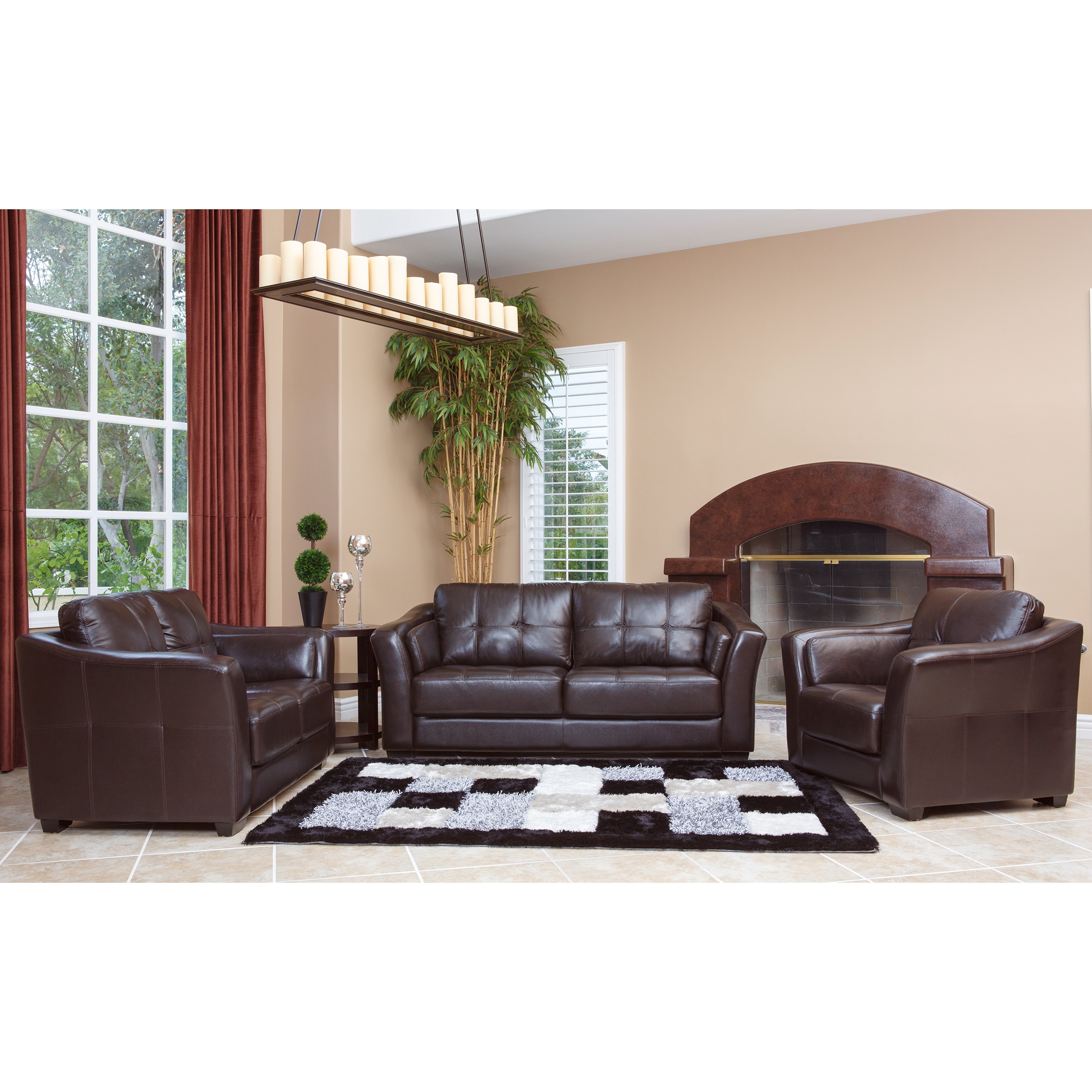 Abbyson Living Torrance Premium Dark Brown Leather 3 piece Living Room Furniture Set