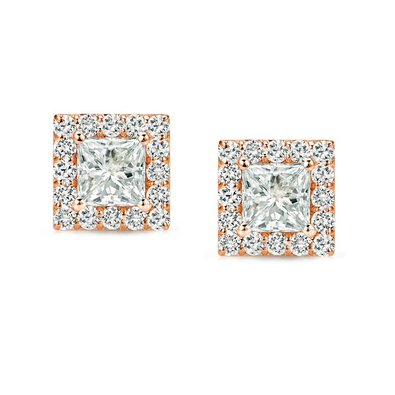 Auriya 14k Rose Gold 1/2ct TDW Princess-Cut Square Halo Diamond Stud Earrings
