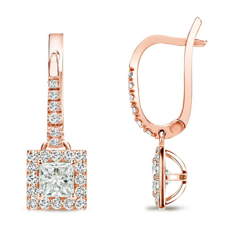 14k Rose Gold 1/2ct TDW Princess Cut Diamond Halo Dangle Earrings by Auriya