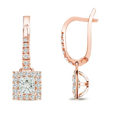 14k Rose Gold 1/2ct TDW Princess Cut Diamond Halo Dangle Earrings by Auriya