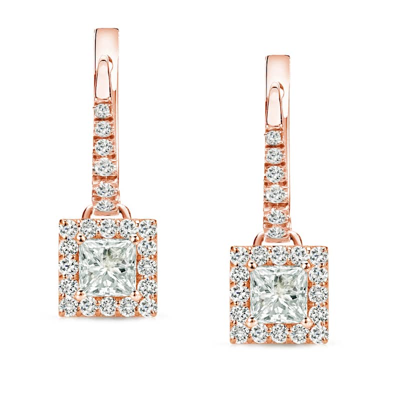 14k Rose Gold 1/2ct TDW Princess Cut Diamond Halo Dangle Earrings by Auriya