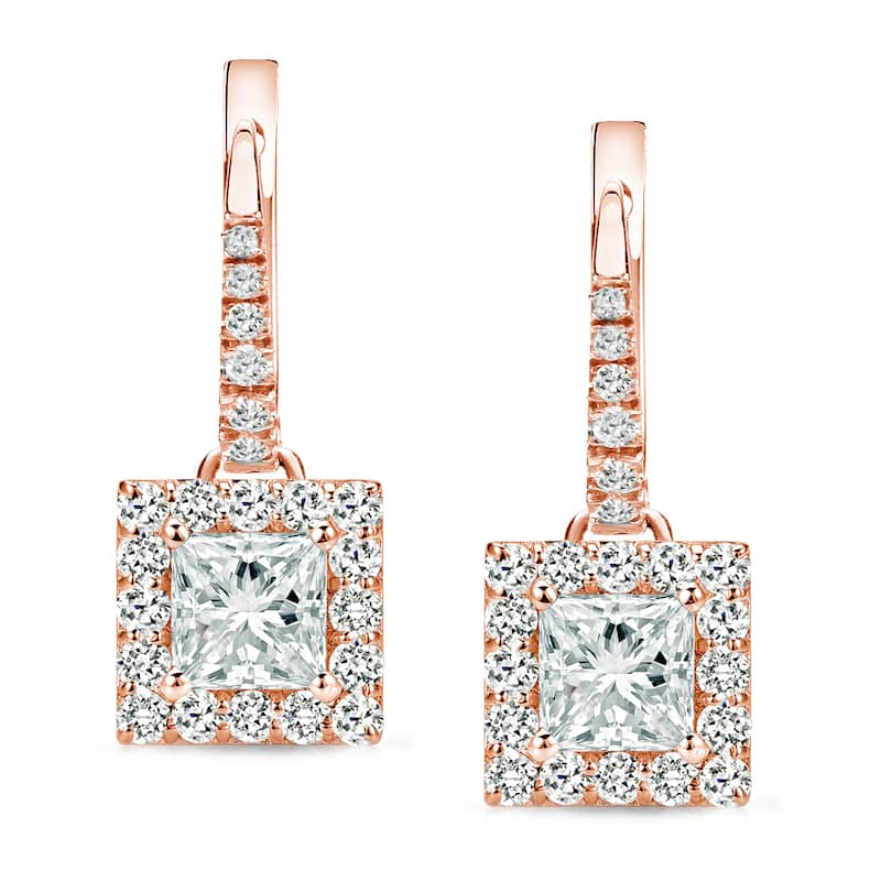 Auriya 1ctw Princess-cut Halo Diamond Dangle Earrings 14k Rose Gold (H-I, SI1-SI2)