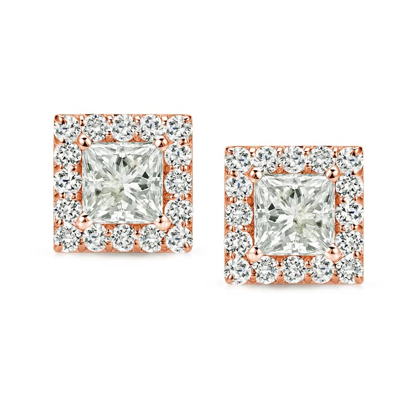 Auriya 14k Rose Gold 3/4ct TDW Princess-Cut Diamond Halo Stud Earrings (I-J, I1-I2)