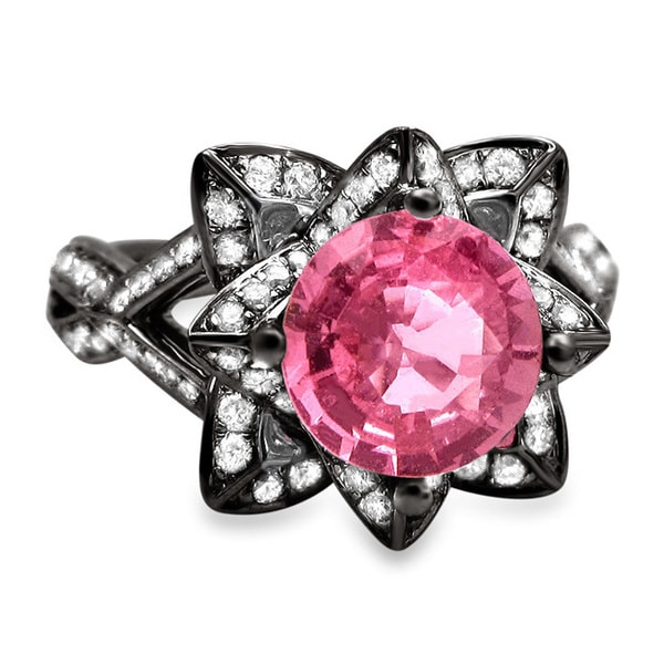 Lotus Flower 14K Yellow Gold Plated Round Pink Sapphire Round Cut Engagement Wedding Ring
