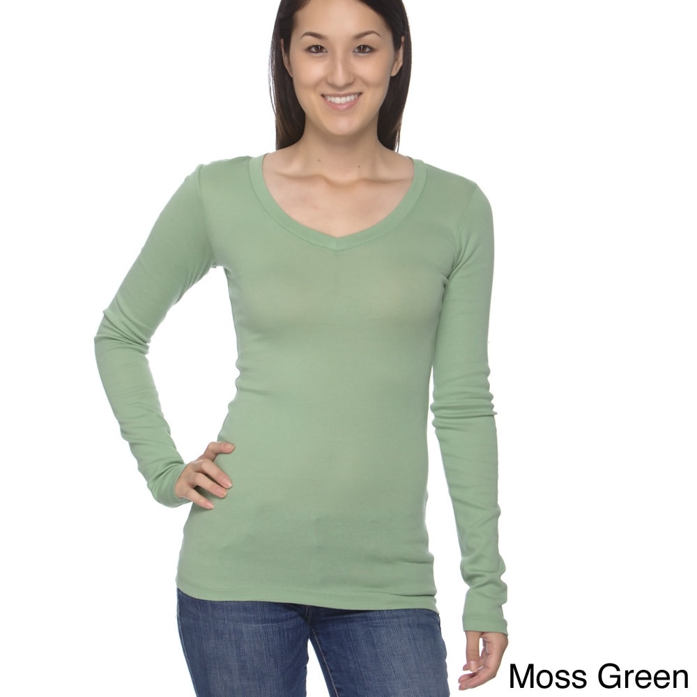 Los Angeles Pop Art Bella Sheer Ribbed Long Sleeve V neck Top Green Size XL (16)