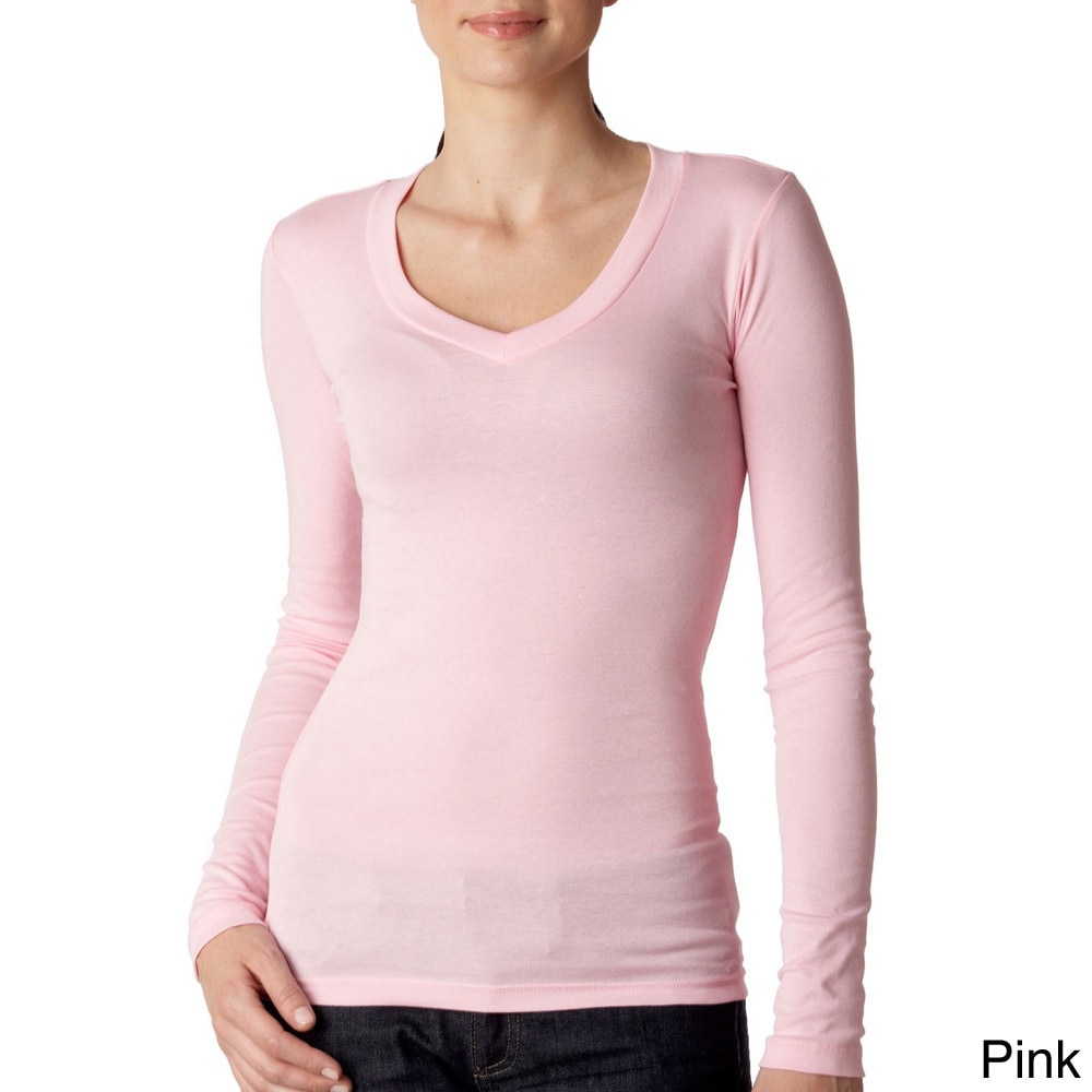 Los Angeles Pop Art Bella Sheer Ribbed Long Sleeve V neck Top Pink Size XL (16)