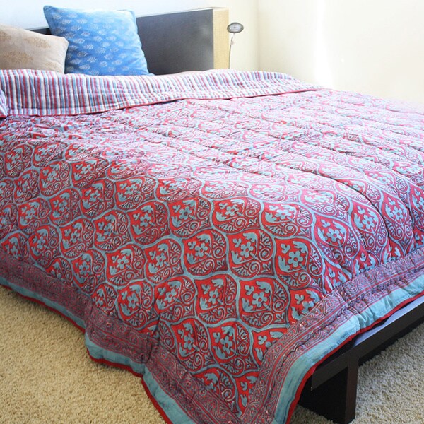 Red and Blue Organic Cotton Block Print Quilt (India) Quilts