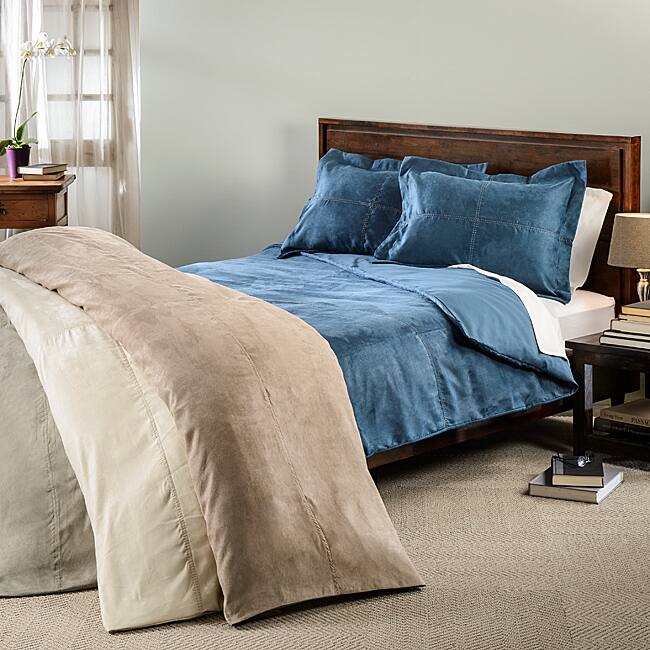 Oversized Microsuede Saddle 3-piece Duvet Cover Set - Blue - Queen/Full - Queen/Full - 3 Piece
