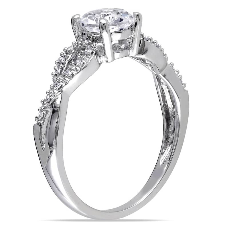Miadora 10k White Gold Created White Sapphire and 1/10ct TDW Diamond Engagement Ring