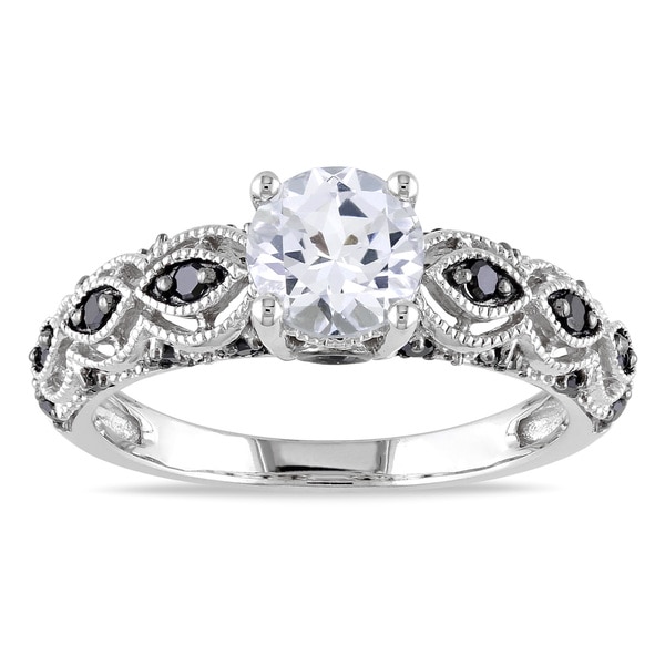 Miadora 10k White Gold Created White Sapphire and 1/4ct TDW Black Diamond Engagement Ring