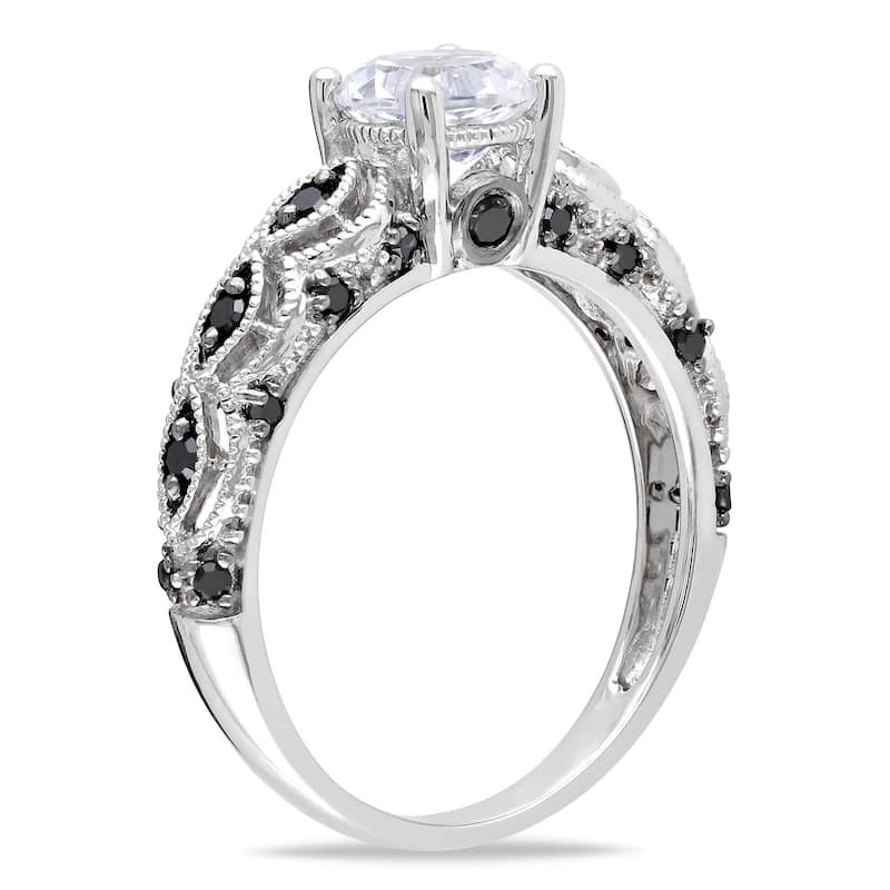 Miadora 10k White Gold Created White Sapphire and 1/4ct TDW Black Diamond Engagement Ring