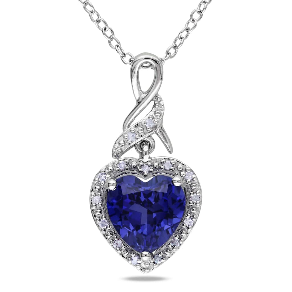 Miadora Sterling Silver Created Blue Sapphire and Diamond Necklace