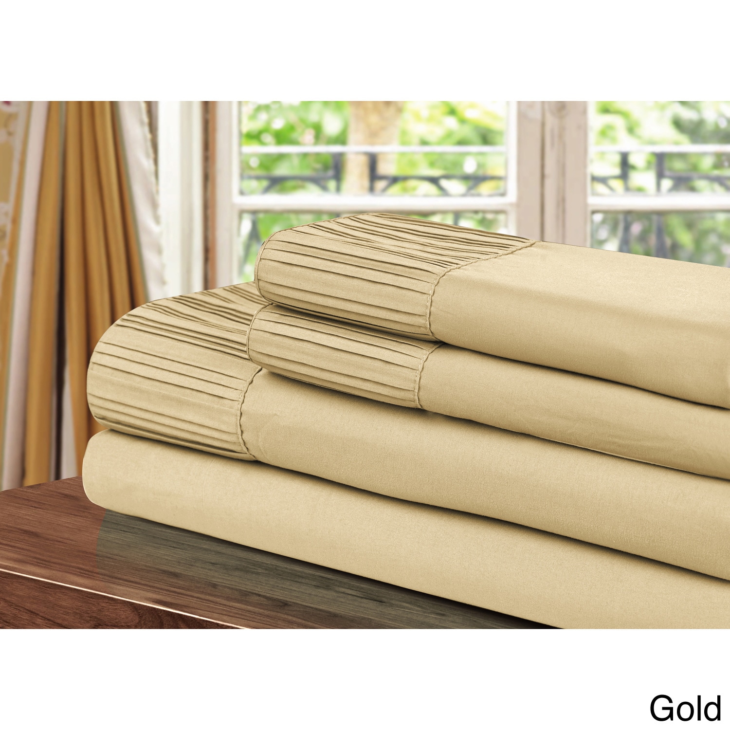 Chic Luxury Home Collection 4 piece Pleated Microfiber Sheet Set Gold Size King
