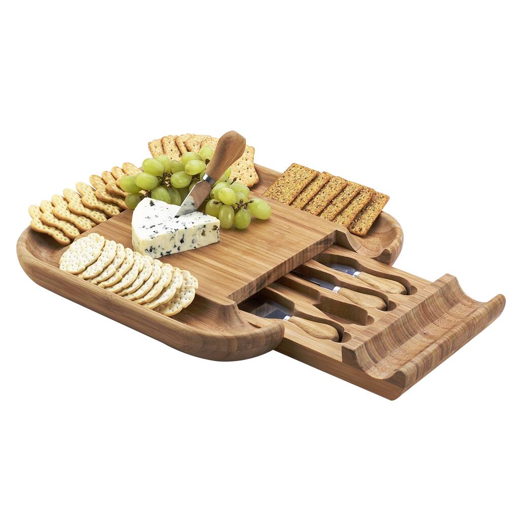 Picnic at Ascot Original Malvern Bamboo Cheese Board Set with 4 Tools and Deep Cracker Well Rim - Brown
