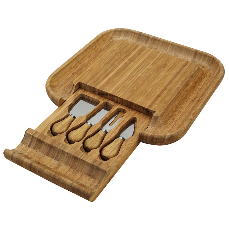 Picnic at Ascot Original Malvern Bamboo Cheese Board Set with 4 Tools and Deep Cracker Well Rim - Brown