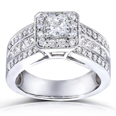 Annello 14k White Gold 1 2/5ct TDW Princess Shape Diamond Halo Ring