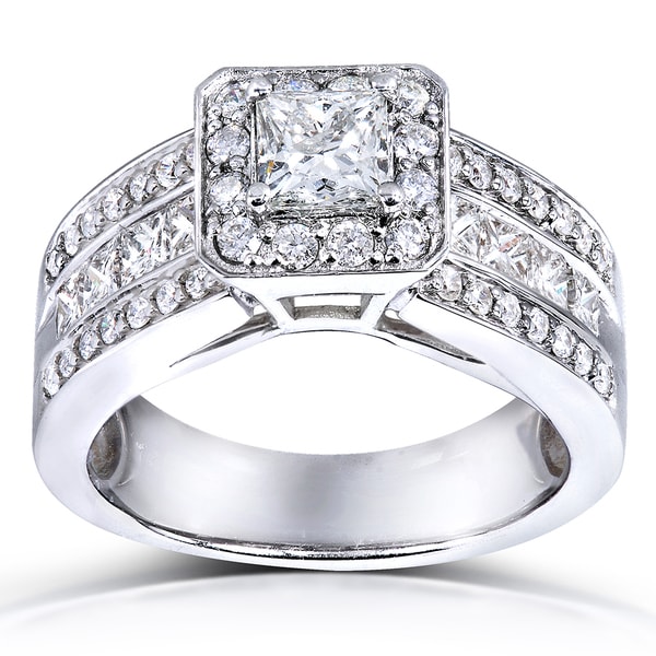 Annello 14k White Gold 1 2/5ct TDW Princess Shape Diamond Halo Ring (H