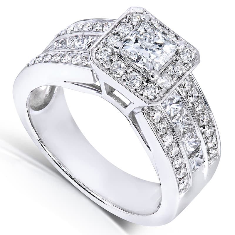 Annello 14k White Gold 1 2/5ct TDW Princess Shape Diamond Halo Ring