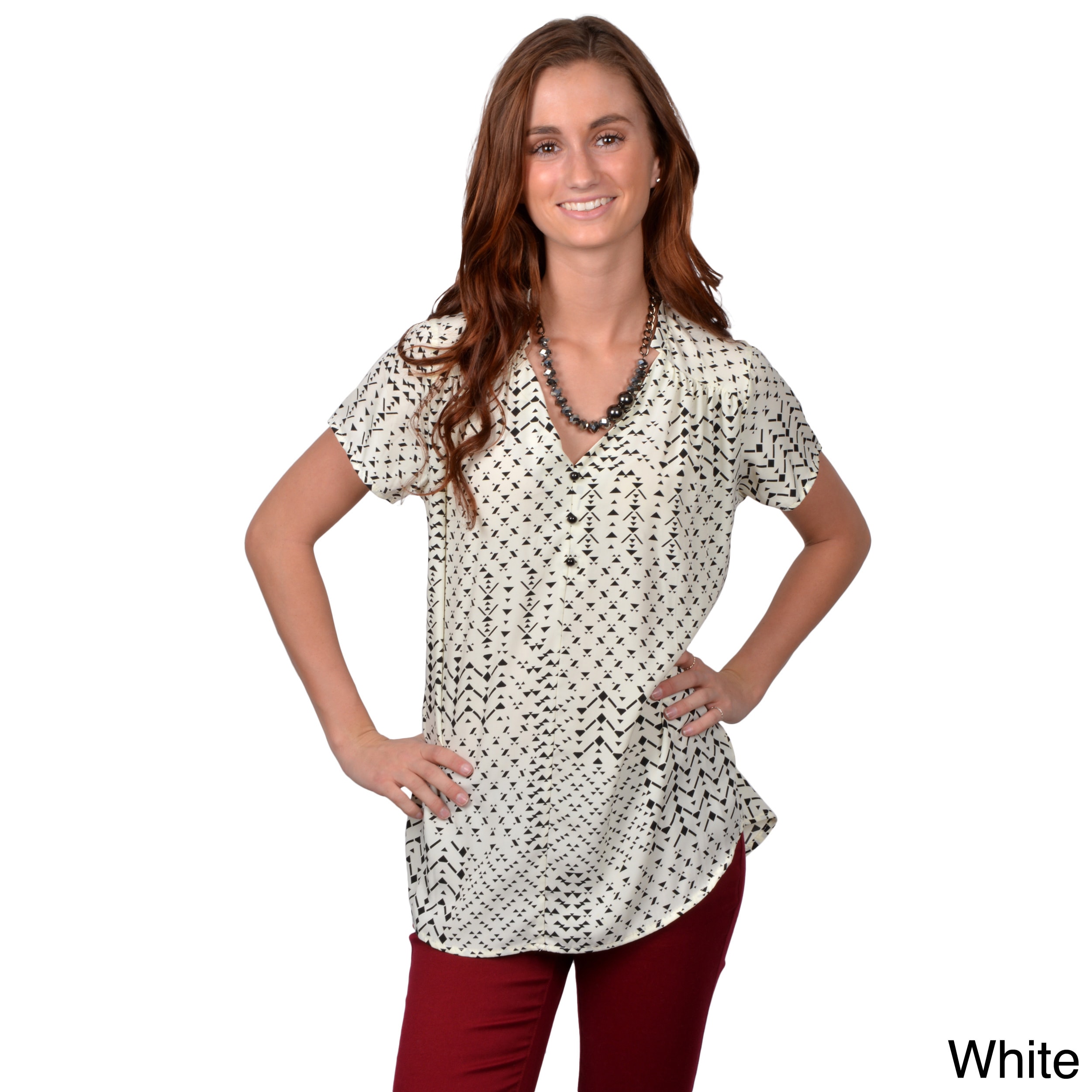 Journee Collection Journee Collection Juniors Geometric Short sleeve V neck Blouse White Size S (1  3)