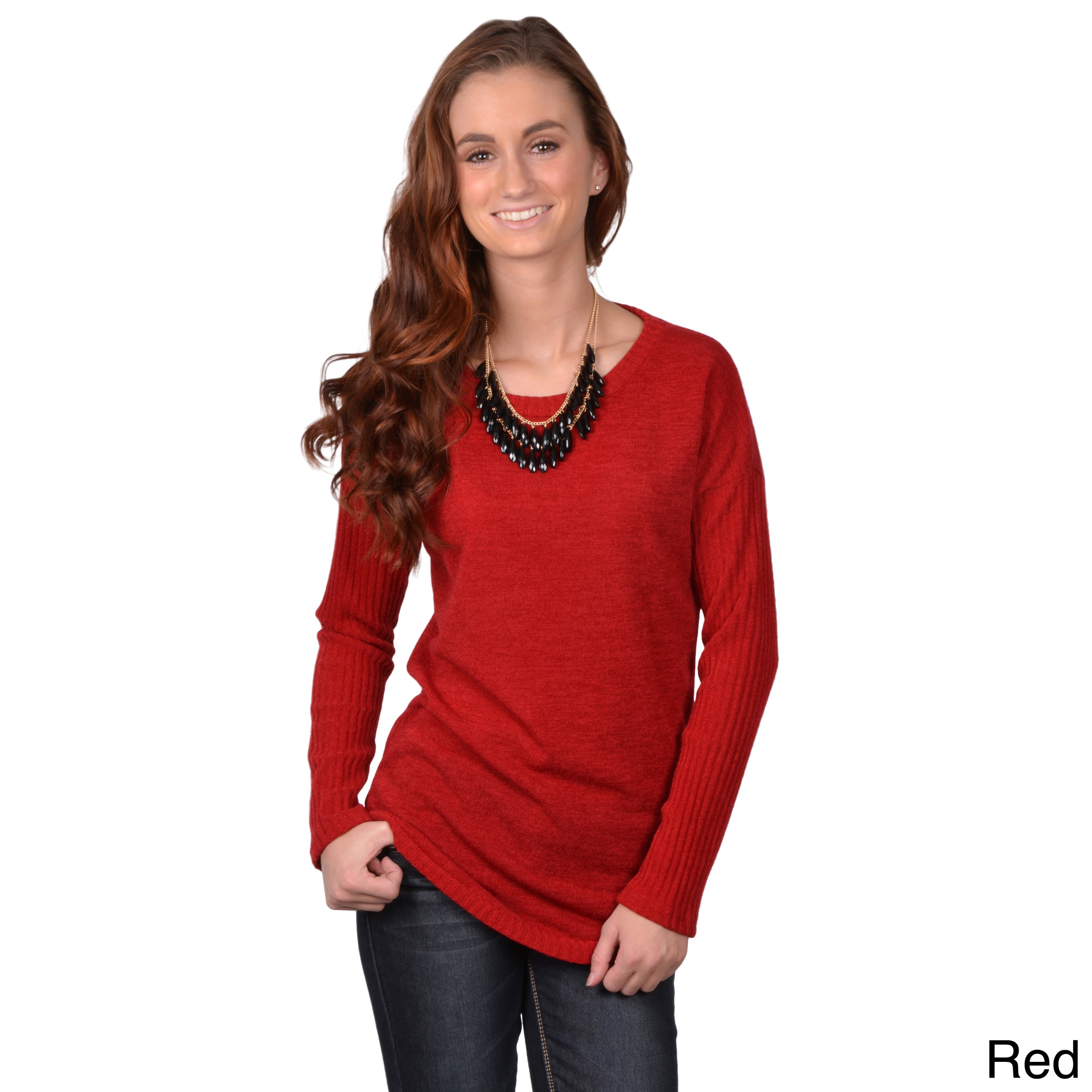 Journee Collection Journee Collection Juniors Long Sleeve Ribbed Sleeve Sweater Red Size S (1  3)