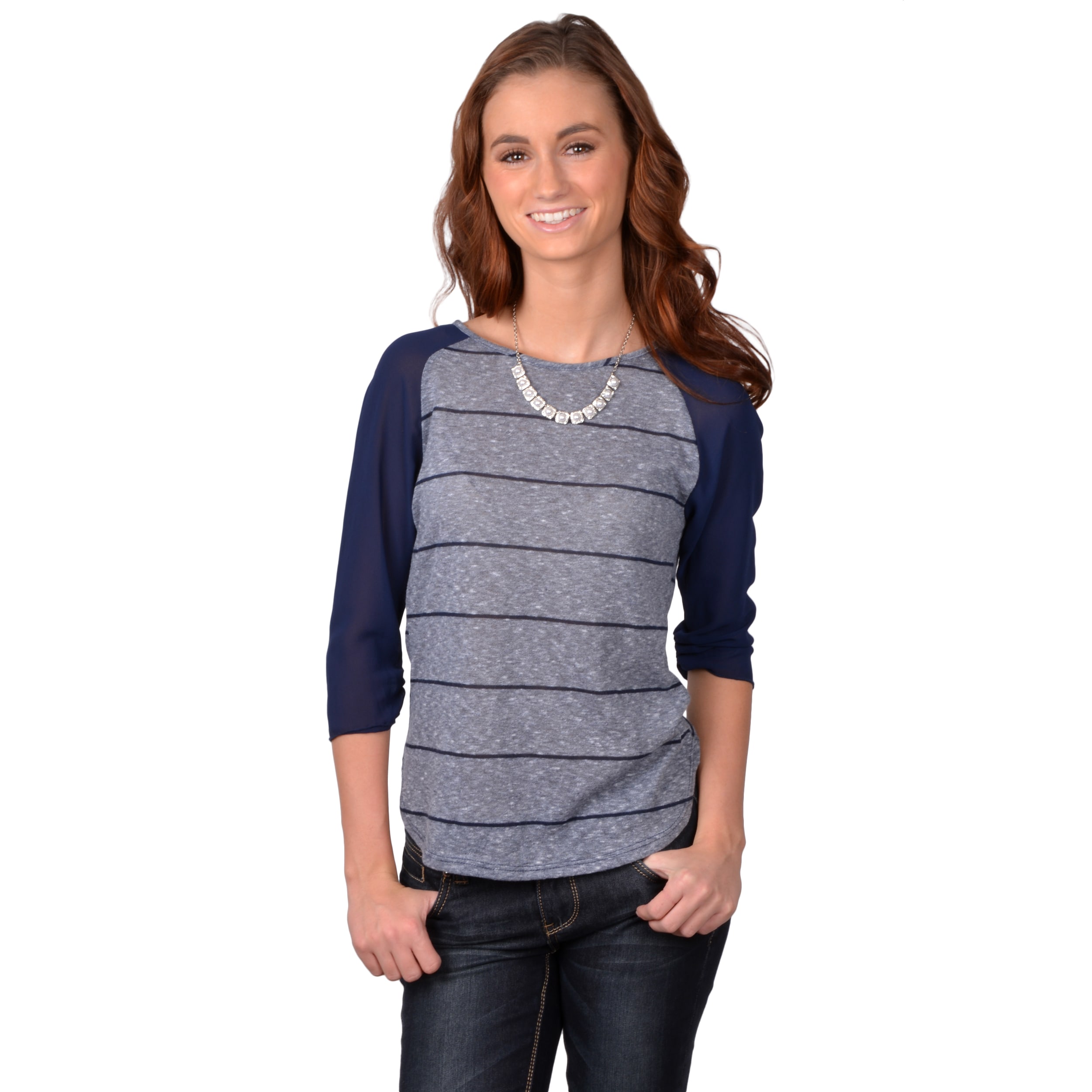 Navy Journee Collection Juniors Scoop Neck Chiffon Sleeve Top