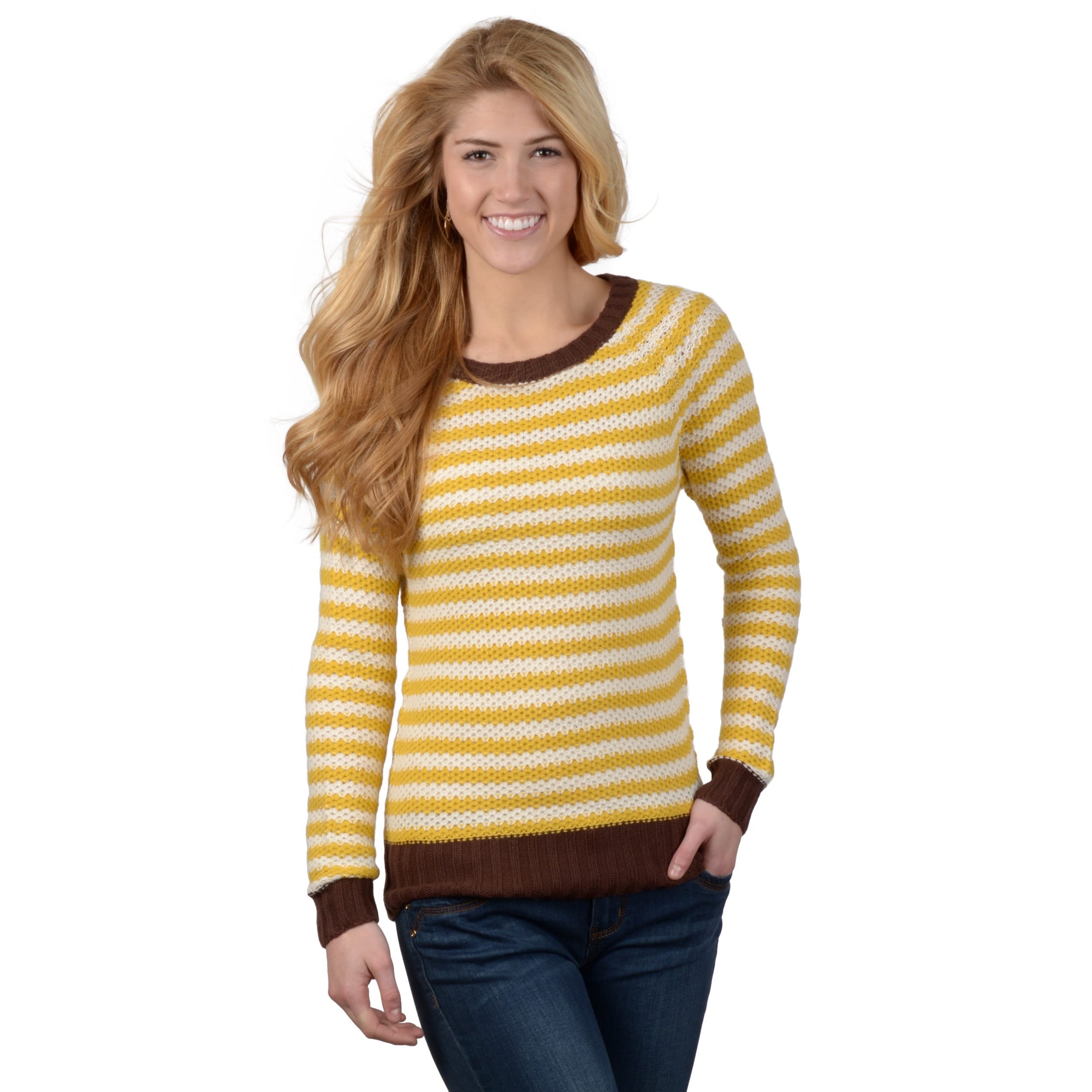 Journee Collection Juniors Chocolate Striped Knit Sweater