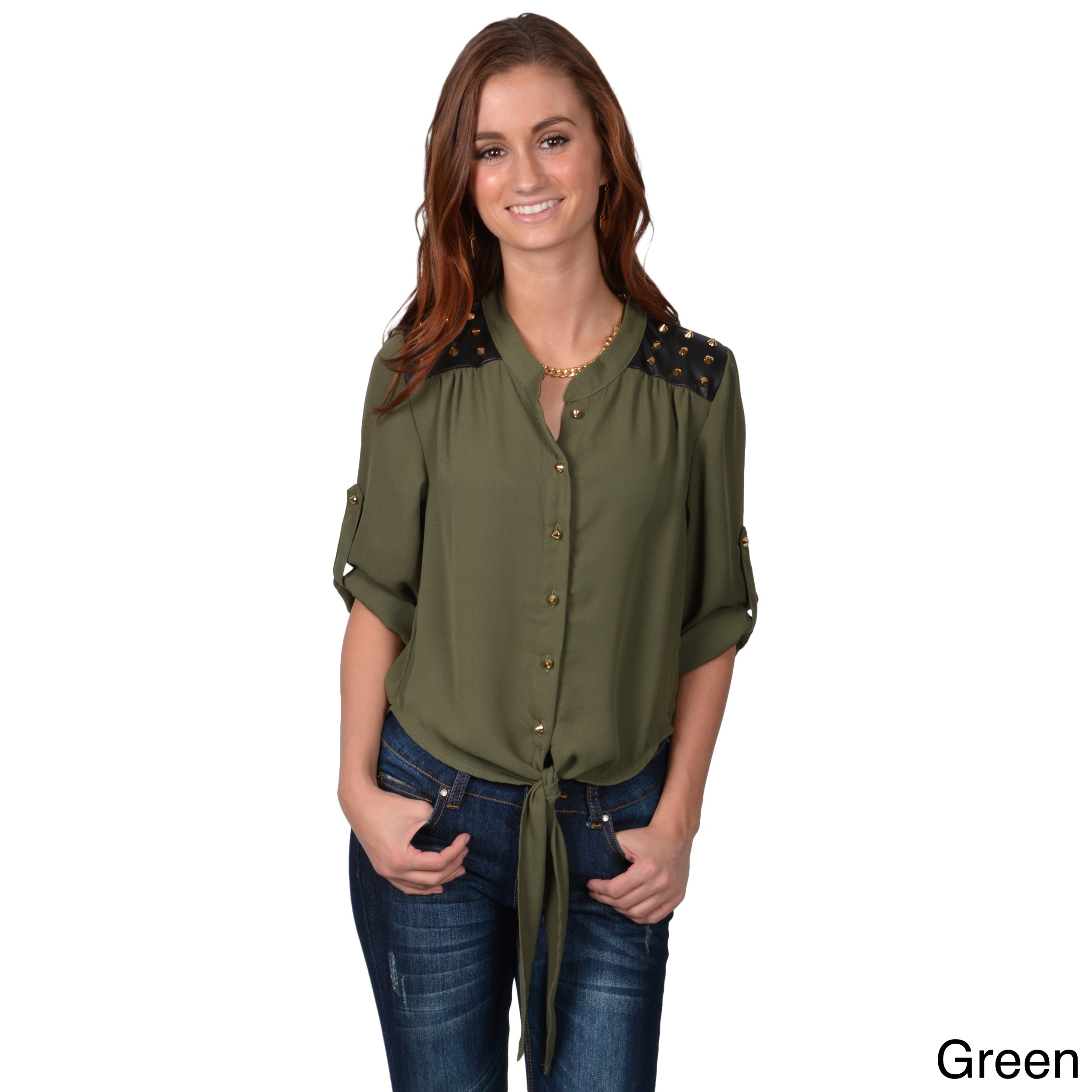 Journee Collection Juniors Studded Button up Top