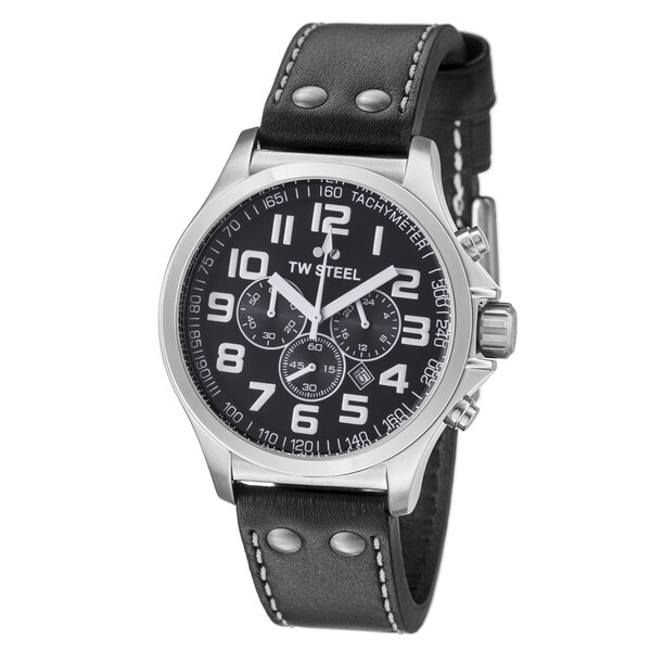 TW Steel Men's TW412 'Pilot' Black Dial Black Leather Strap Quartz Watch