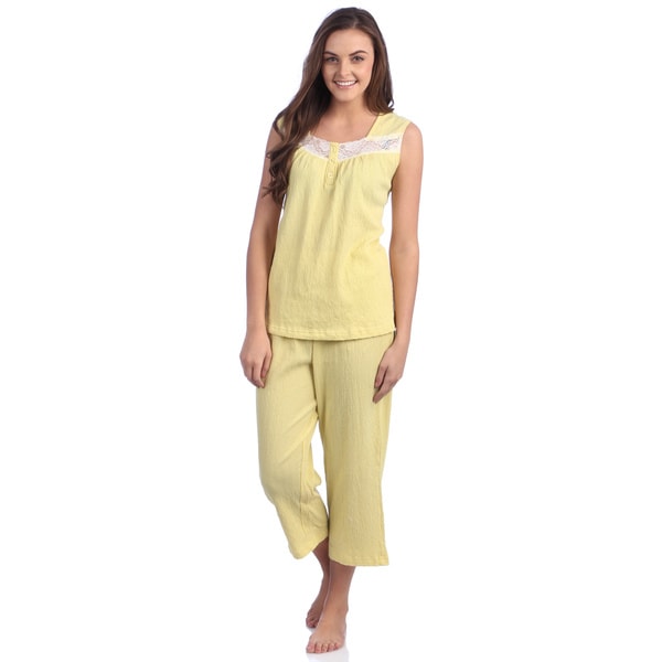 Aegean Apparel Solid Lemonade Gauze Tank/Capri PJ Set with Lace