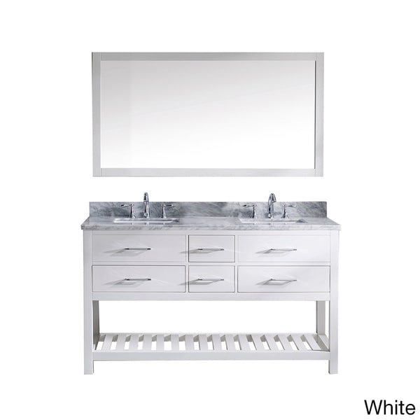 Virtu USA Caroline Estate White Carrera Marble Square Double Sink Bathroom Vanity and Mirror