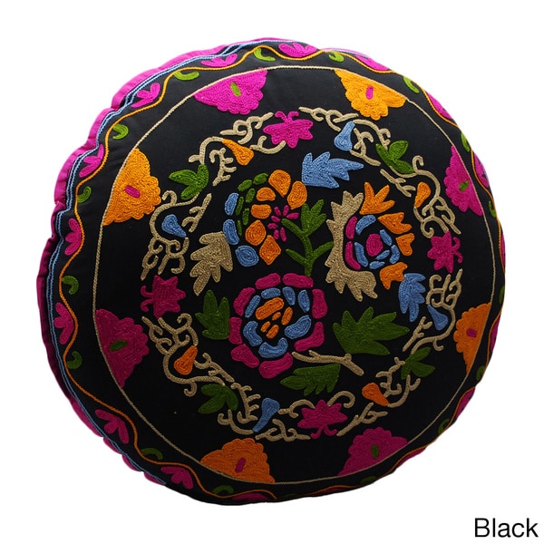 Handmade Hand-embroidered Bouquet Design Round Floor Pillow (India ...