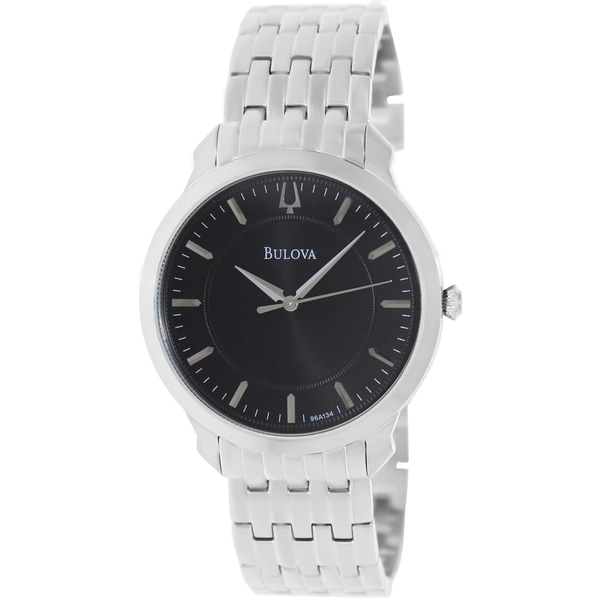 Bulova Men's Thin Silvertone Bracelet Black Dial Watch Bulova Men's Bulova Watches