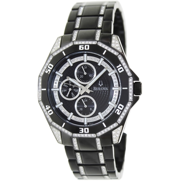 Bulova Men's Crystal Black Stainless Steel Bracelet Black Dial Watch Bulova Men's Bulova Watches