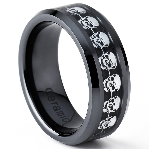 Shop Oliveti Black Ceramic Men's Carbon Fiber Inlay Skull Ring (8 mm ...