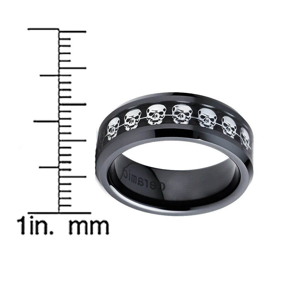Black Ceramic Ring Carbon Fiber & Cut-Out Skull Symbol Inlay Beveled Edge