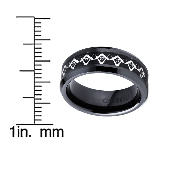 Mens 8mm Beveled Edge Black Ceramic Ring w// Stainless Steel Masonic Symbol over Black Carbon Fiber Inlay Center Comfort Fit Wedding Band