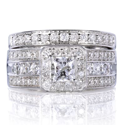Kobelli 1.6 Carat Natural Diamond 14k Solid Gold Princess-cut Halo Multi-Row Half Eternity Francis Bridal Set