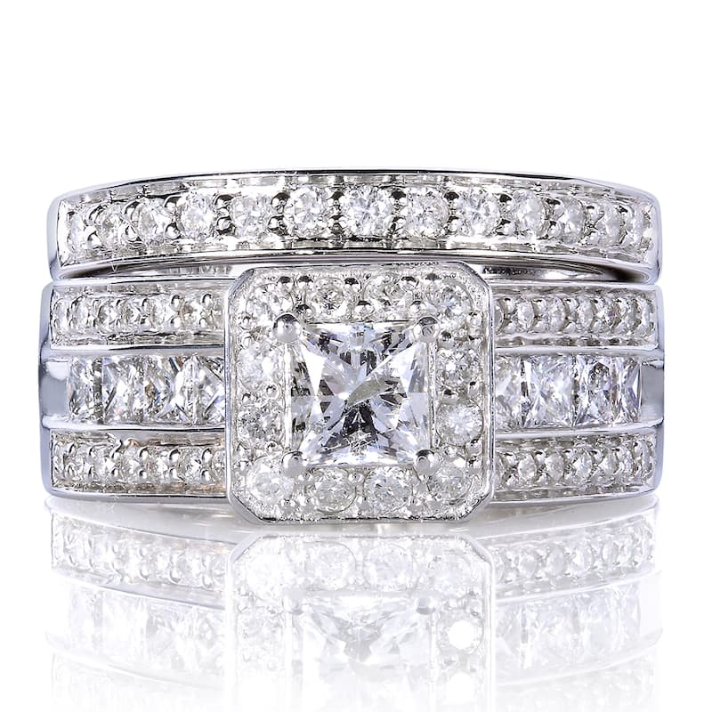 Kobelli 1.6 Carat Natural Diamond 14k Solid Gold Princess-cut Halo Multi-Row Half Eternity Francis Bridal Set - 8