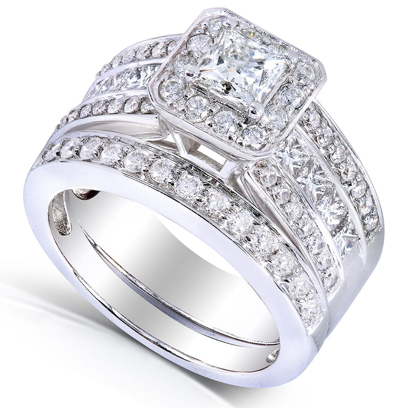 Kobelli 1.6 Carat Natural Diamond 14k Solid Gold Princess-cut Halo Multi-Row Half Eternity Francis Bridal Set