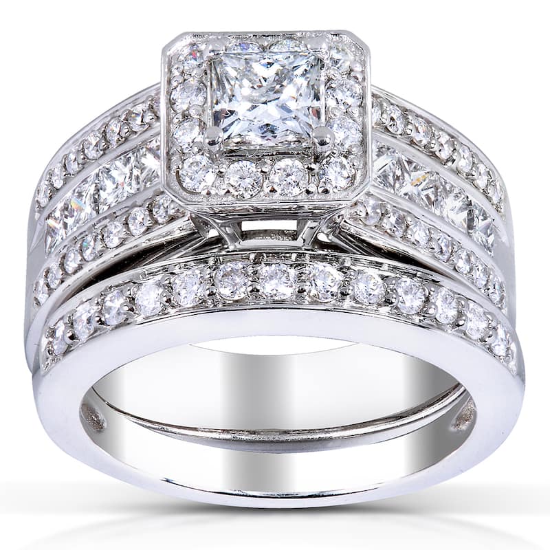 Kobelli 1.6 Carat Natural Diamond 14k Solid Gold Princess-cut Halo Multi-Row Half Eternity Francis Bridal Set