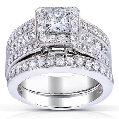 Kobelli 1.6 Carat Natural Diamond 14k Solid Gold Princess-cut Halo Multi-Row Half Eternity Francis Bridal Set