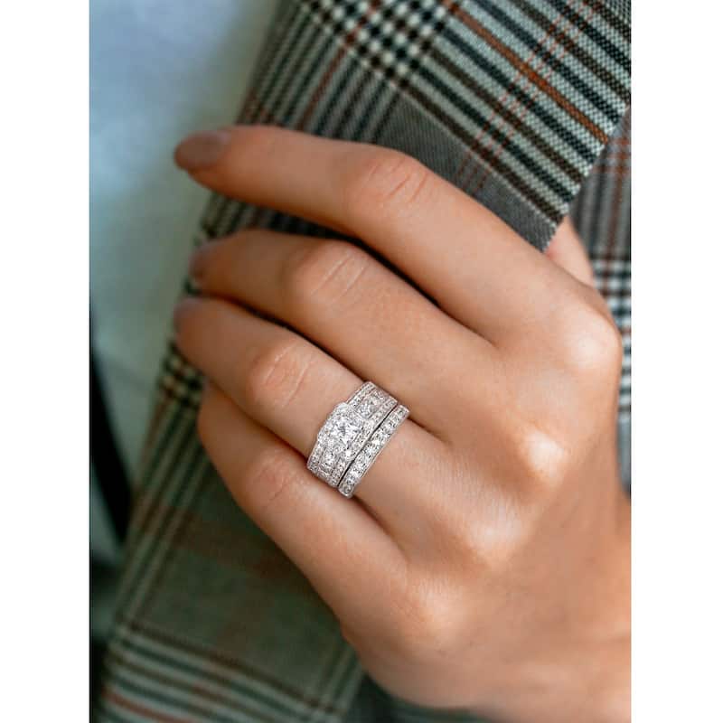 Kobelli 1.6 Carat Natural Diamond 14k Solid Gold Princess-cut Halo Multi-Row Half Eternity Francis Bridal Set