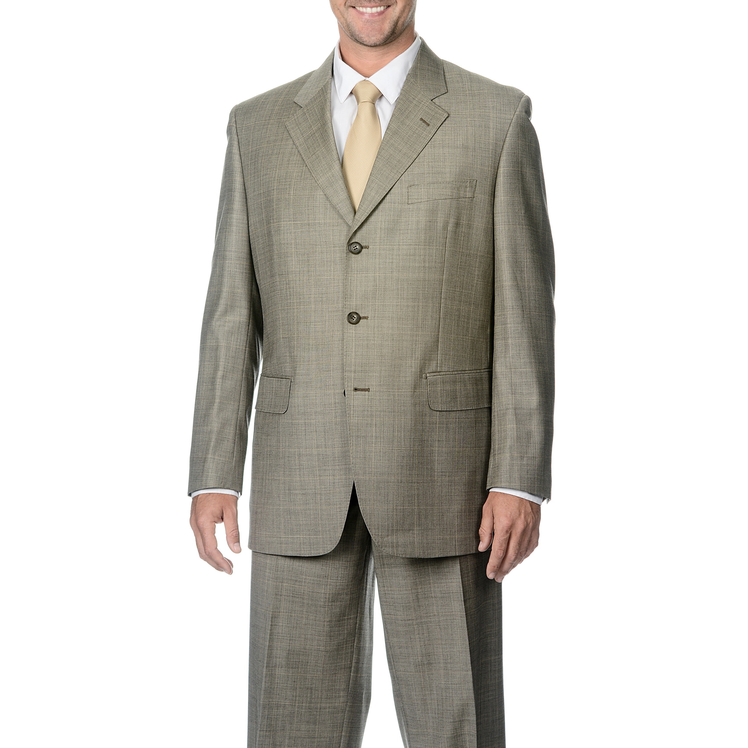Silvio Bresciani Silvio Bresciani Mens Super 120 Windowpane Stripe 3 Button Wool Suit Beige Size 46R