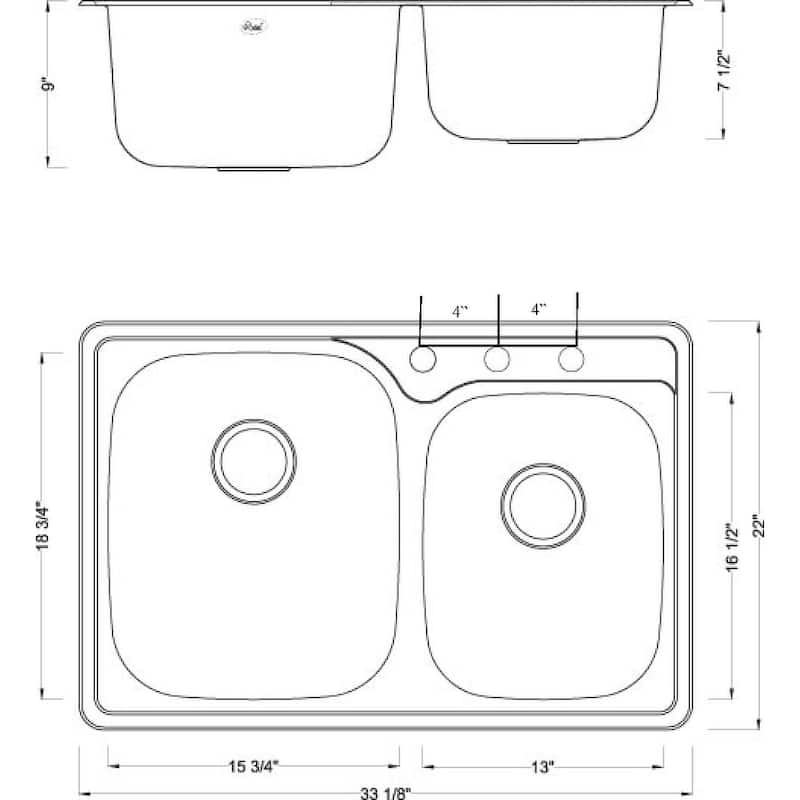 18-gauge Stainless Steel Double 33-inch Top-Mount/Drop-In 60/40 Bowl Kitchen Sink