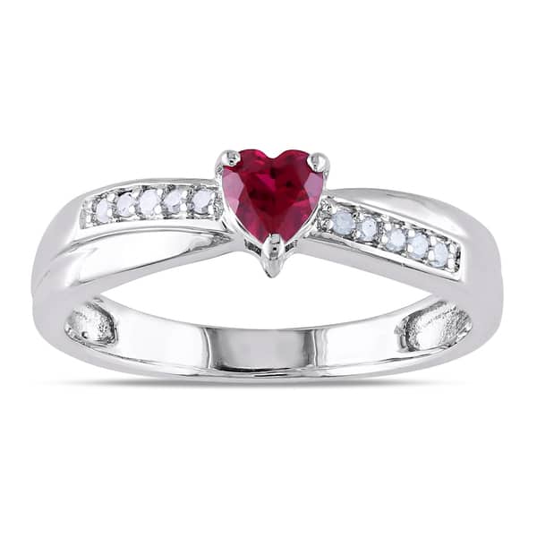 slide 1 of 5, Miadora Sterling Silver Created Ruby and Diamond Accent Heart Ring