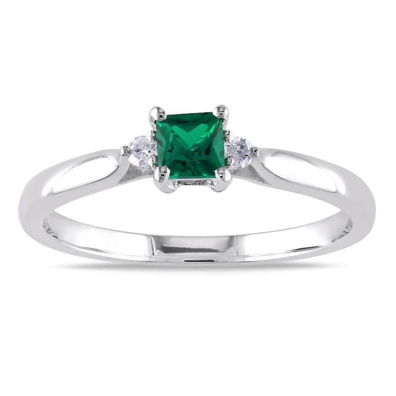Miadora Sterling Silver Created Emerald and Diamond 3-Stone Ring