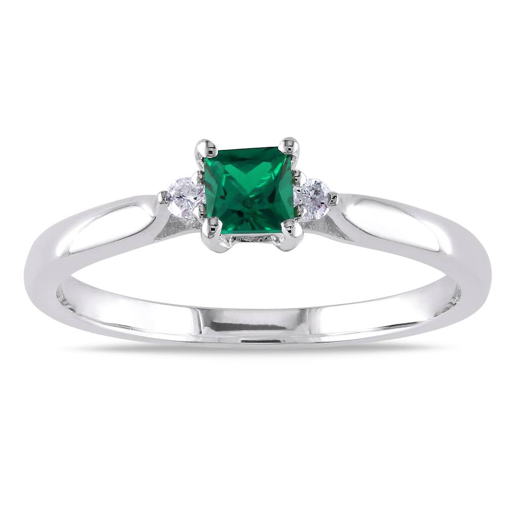 Miadora Sterling Silver Created Emerald and Diamond 3-Stone Ring