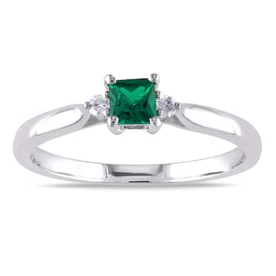 Miadora Sterling Silver Created Emerald and Diamond 3-Stone Ring