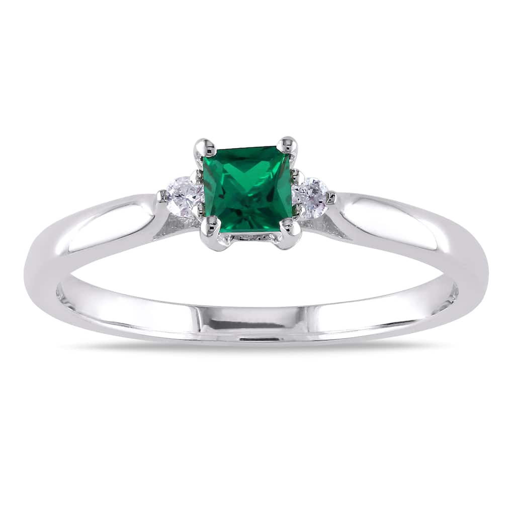 Miadora Sterling Silver Created Emerald and Diamond 3-Stone Ring